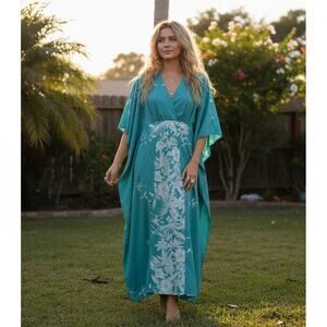 Vintage 70s  Caftan • Teal & White • 52” Length
